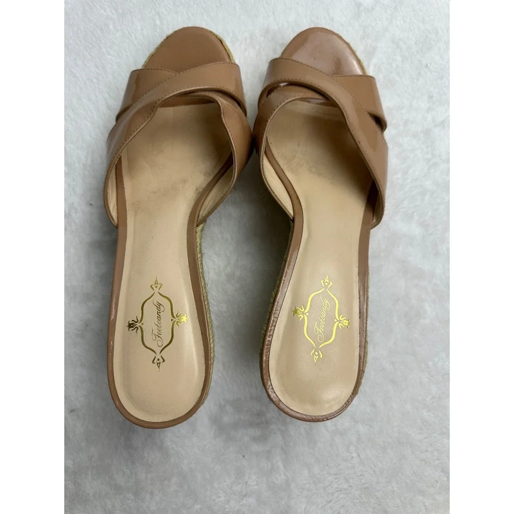 Footcandy Tan Patent Leather Espadrille Wedge Sandals‎ Vero Cuio Italy 10.5B